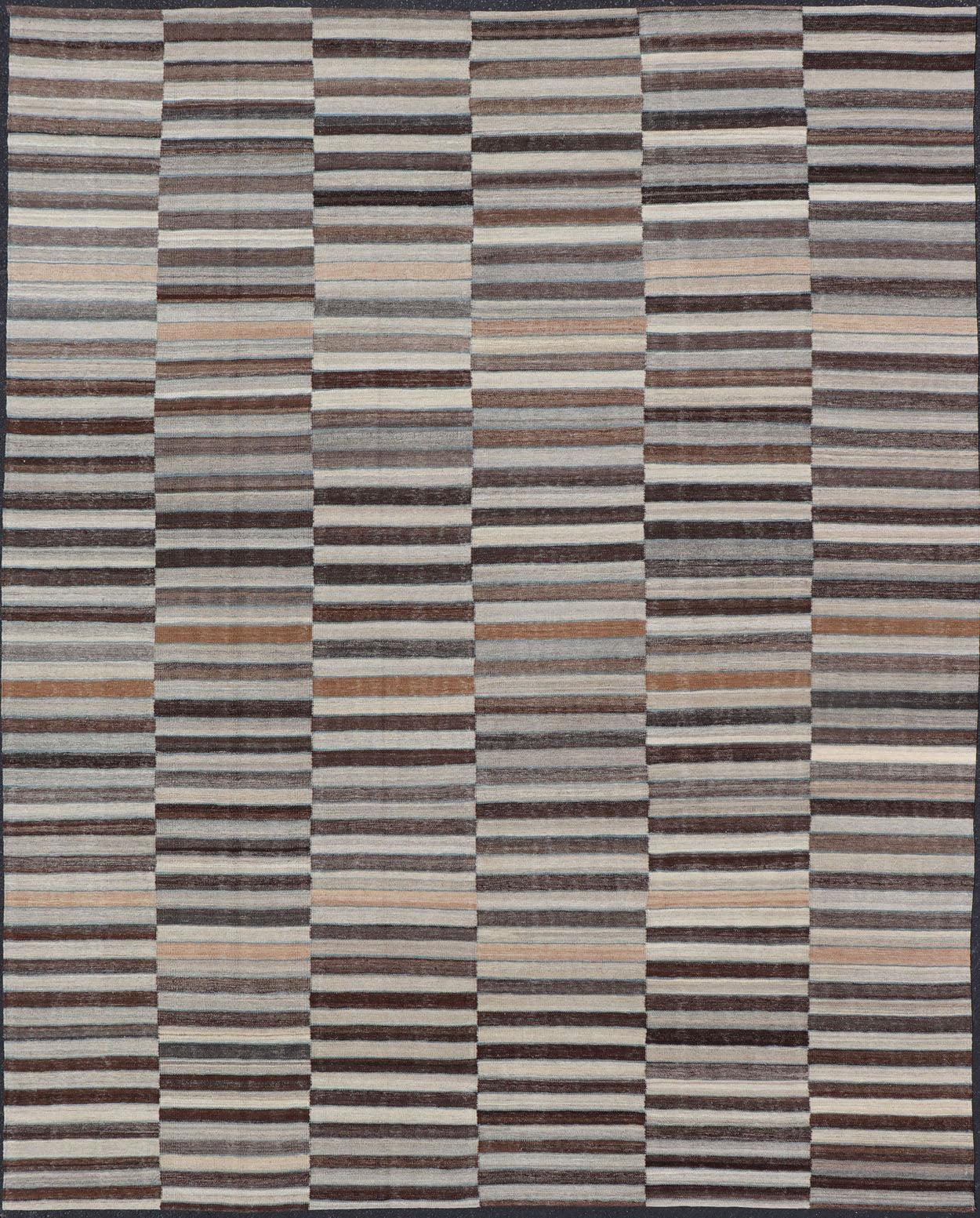 Modern Flat - Weave Kilim Rug in Multi - Panel Striped Design in Earthy Tones Modern Flat - Weave Kilim Rug in Multi - Panel Striped Design in Earthy Tones. Modern flat - weave Kilim rug with stripes in shades of taupe, charcoal, gray and cream. Keivan Wo... - Keivan Woven ArtsAFG - 119 - 15795Rug