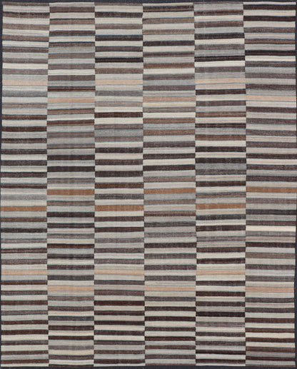 Modern Flat - Weave Kilim Rug in Multi - Panel Striped Design in Earthy Tones Modern Flat - Weave Kilim Rug in Multi - Panel Striped Design in Earthy Tones. Modern flat - weave Kilim rug with stripes in shades of taupe, charcoal, gray and cream. Keivan Wo... - Keivan Woven ArtsAFG - 119 - 15795Rug