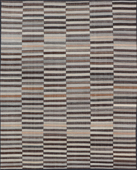 Modern Flat - Weave Kilim Rug in Multi - Panel Striped Design in Earthy Tones Modern Flat - Weave Kilim Rug in Multi - Panel Striped Design in Earthy Tones. Modern flat - weave Kilim rug with stripes in shades of taupe, charcoal, gray and cream. Keivan Wo... - Keivan Woven ArtsAFG - 119 - 15795Rug