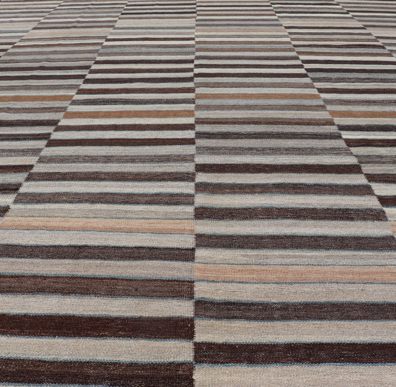 Modern Flat - Weave Kilim Rug in Multi - Panel Striped Design in Earthy Tones Modern Flat - Weave Kilim Rug in Multi - Panel Striped Design in Earthy Tones. Modern flat - weave Kilim rug with stripes in shades of taupe, charcoal, gray and cream. Keivan Wo... - Keivan Woven ArtsAFG - 119 - 15795Rug