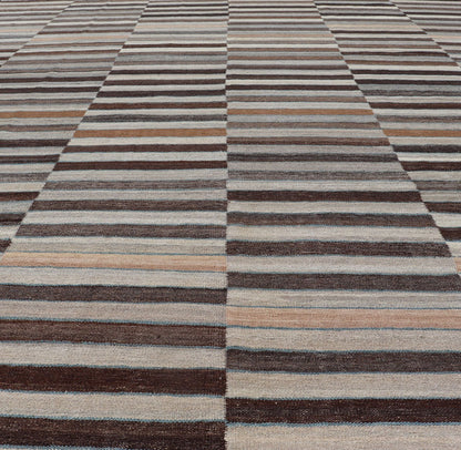 Modern Flat - Weave Kilim Rug in Multi - Panel Striped Design in Earthy Tones Modern Flat - Weave Kilim Rug in Multi - Panel Striped Design in Earthy Tones. Modern flat - weave Kilim rug with stripes in shades of taupe, charcoal, gray and cream. Keivan Wo... - Keivan Woven ArtsAFG - 119 - 15795Rug