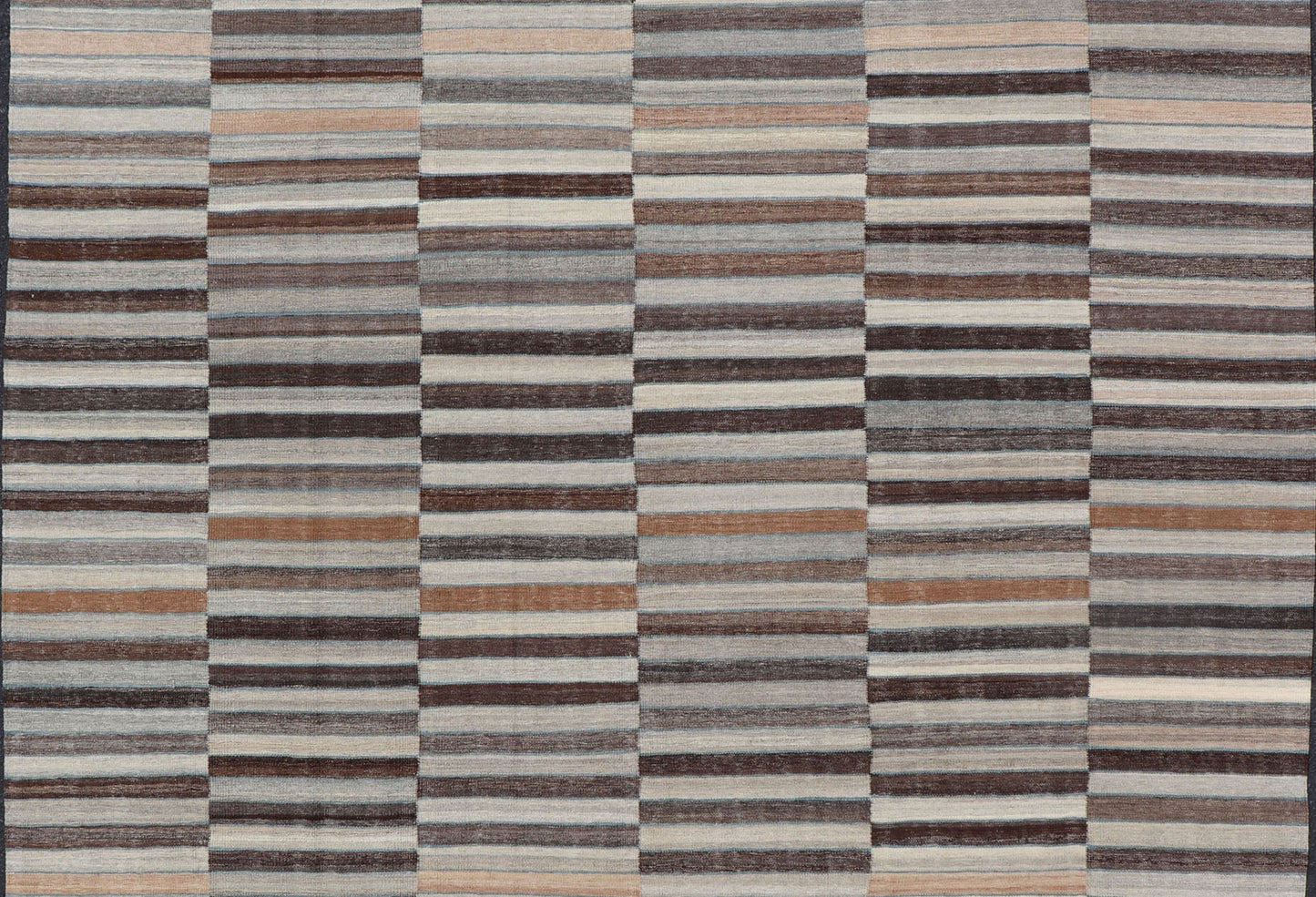 Modern Flat - Weave Kilim Rug in Multi - Panel Striped Design in Earthy Tones Modern Flat - Weave Kilim Rug in Multi - Panel Striped Design in Earthy Tones. Modern flat - weave Kilim rug with stripes in shades of taupe, charcoal, gray and cream. Keivan Wo... - Keivan Woven ArtsAFG - 119 - 15795Rug