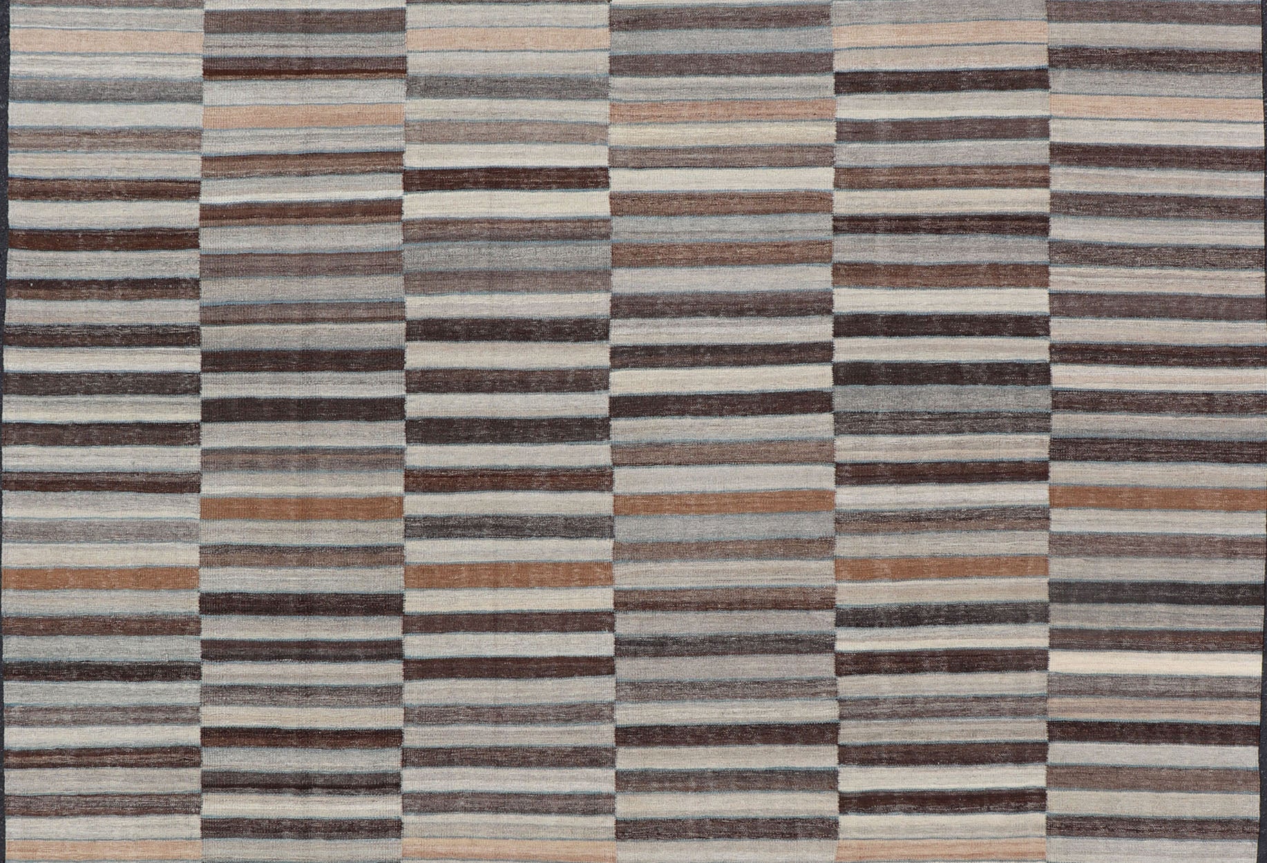 Modern Flat - Weave Kilim Rug in Multi - Panel Striped Design in Earthy Tones Modern Flat - Weave Kilim Rug in Multi - Panel Striped Design in Earthy Tones. Modern flat - weave Kilim rug with stripes in shades of taupe, charcoal, gray and cream. Keivan Wo... - Keivan Woven ArtsAFG - 119 - 15795Rug
