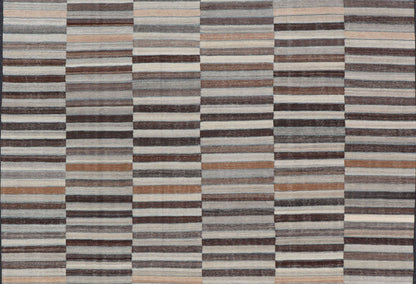 Modern Flat - Weave Kilim Rug in Multi - Panel Striped Design in Earthy Tones Modern Flat - Weave Kilim Rug in Multi - Panel Striped Design in Earthy Tones. Modern flat - weave Kilim rug with stripes in shades of taupe, charcoal, gray and cream. Keivan Wo... - Keivan Woven ArtsAFG - 119 - 15795Rug