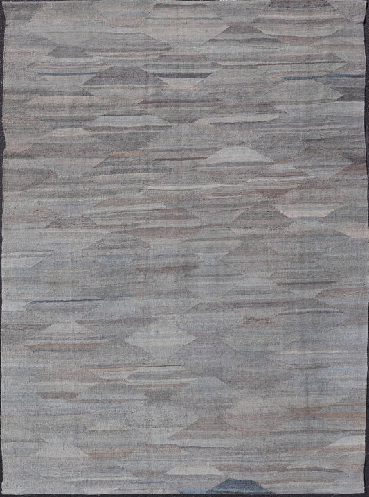 Modern Flat Weave Kilim in Wool with Sub - Geometric Diamond Design This modern casual tribal kilim has been hand - woven. The rug features a modern sub - geometric diamond design, rendered in multicolor of grays; making this kilim a superb fit for a var... - Keivan Woven ArtsAFG - 121 - 19688Rug