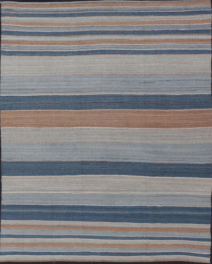 Modern Kilim Rug with Large Stripes in Shades of Blues, Brown, Gray Flat - weave Kilim rug with stripes with modern design in shades of blue, taupe/brown and light blue, rug afg - 29515, country of origin / type: Afghanistan / Kilim kwarugs ... - Keivan Woven ArtsAFG - 122 - 15801Rug