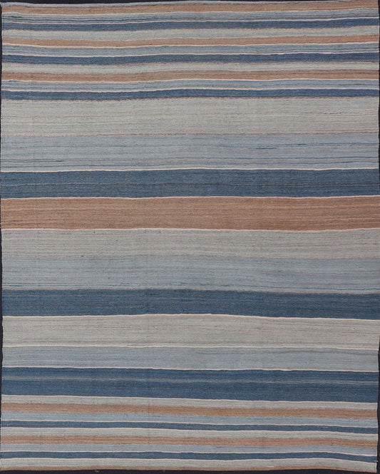 Modern Kilim Rug with Large Stripes in Shades of Blues, Brown, Gray Flat - weave Kilim rug with stripes with modern design in shades of blue, taupe/brown and light blue, rug afg - 29515, country of origin / type: Afghanistan / Kilim kwarugs ... - Keivan Woven ArtsAFG - 122 - 15801Rug