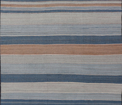 Modern Kilim Rug with Large Stripes in Shades of Blues, Brown, Gray Flat - weave Kilim rug with stripes with modern design in shades of blue, taupe/brown and light blue, rug afg - 29515, country of origin / type: Afghanistan / Kilim kwarugs ... - Keivan Woven ArtsAFG - 122 - 15801Rug