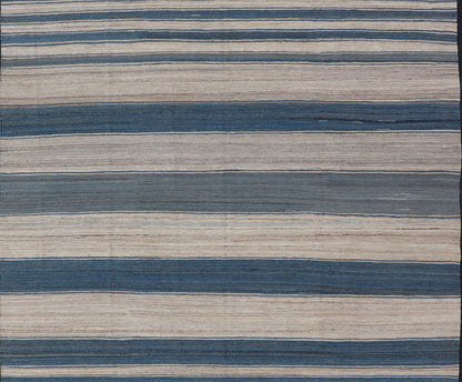 Flat - Weave Modern Kilim Rug with Stripes in Shades of Blue, and Cream Flat - weave Kilim rug with stripes with modern design in shades of blue, gray, and cream Keivan Woven Arts / rug AFG - 123, country of origin / type: Afghanistan / Kilim T... - Keivan Woven ArtsAFG - 123 - 15078Rug