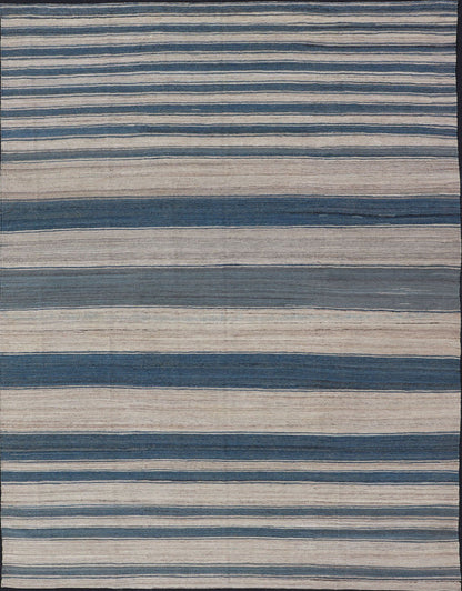 Flat - Weave Modern Kilim Rug with Stripes in Shades of Blue, and Cream Flat - weave Kilim rug with stripes with modern design in shades of blue, gray, and cream Keivan Woven Arts / rug AFG - 123, country of origin / type: Afghanistan / Kilim T... - Keivan Woven ArtsAFG - 123 - 15078Rug