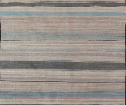 Modern Kilim Rug with Large Stripes in Shades of Blue, Taupe, Gray Flat - weave Kilim rug with stripes with modern design in shades of blue, taupe gray and cream, rug AFG - 125, Keivan Woven Arts country of origin / type: Afghanistan / Kilim. Me... - Keivan Woven ArtsAFG - 125 - 15809Rug