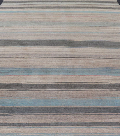 Modern Kilim Rug with Large Stripes in Shades of Blue, Taupe, Gray Flat - weave Kilim rug with stripes with modern design in shades of blue, taupe gray and cream, rug AFG - 125, Keivan Woven Arts country of origin / type: Afghanistan / Kilim. Me... - Keivan Woven ArtsAFG - 125 - 15809Rug
