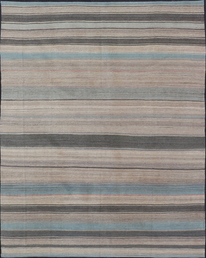 Modern Kilim Rug with Large Stripes in Shades of Blue, Taupe, Gray Flat - weave Kilim rug with stripes with modern design in shades of blue, taupe gray and cream, rug AFG - 125, Keivan Woven Arts country of origin / type: Afghanistan / Kilim. Me... - Keivan Woven ArtsAFG - 125 - 15809Rug