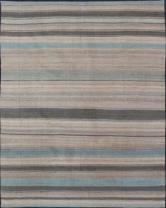 Modern Kilim Rug with Large Stripes in Shades of Blue, Taupe, Gray Flat - weave Kilim rug with stripes with modern design in shades of blue, taupe gray and cream, rug AFG - 125, Keivan Woven Arts country of origin / type: Afghanistan / Kilim. Me... - Keivan Woven ArtsAFG - 125 - 15809Rug