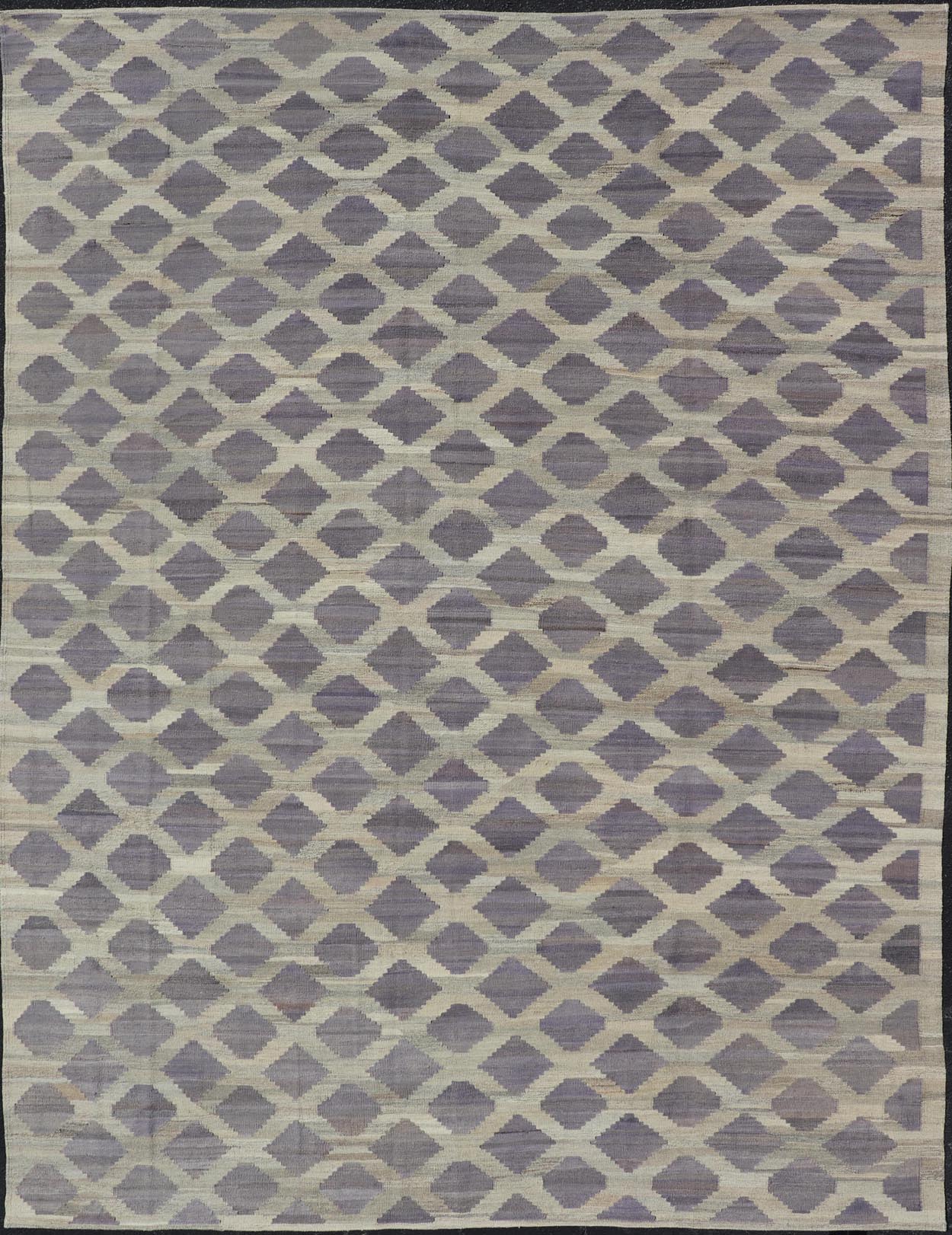 Modern Hand - Woven Flatweave Kilim in Wool with All - Over Geometric Diamond Design This flat - weave kilim has been hand - woven. The rug features a modern all - over geometric diamond design, rendered in shades of lavender, cream and brown; making this... - Keivan Woven ArtsAFG - 128 - 19694