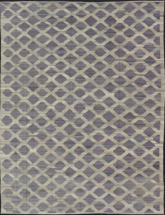 Modern Hand - Woven Flatweave Kilim in Wool with All - Over Geometric Diamond Design This flat - weave kilim has been hand - woven. The rug features a modern all - over geometric diamond design, rendered in shades of lavender, cream and brown; making this... - Keivan Woven ArtsAFG - 128 - 19694