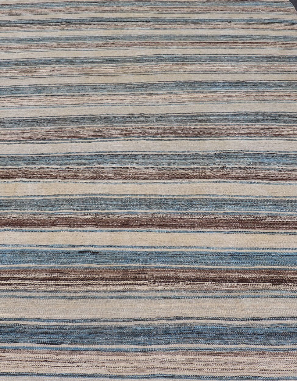 Versatile Striped Design and Natural Brown, Cream, and Blue Flat - Weave Kilim Versatile and natural blue, cream and brown flat - weave Kilim for a Modern or classic design. Flat - weave Kilim rug with brown tones. Keivan Woven Arts / rug AFG - 133, co... - Keivan Woven ArtsAFG - 133 - 15819Rug