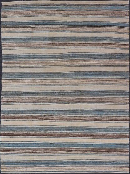 Versatile Striped Design and Natural Brown, Cream, and Blue Flat - Weave Kilim Versatile and natural blue, cream and brown flat - weave Kilim for a Modern or classic design. Flat - weave Kilim rug with brown tones. Keivan Woven Arts / rug AFG - 133, co... - Keivan Woven ArtsAFG - 133 - 15819Rug