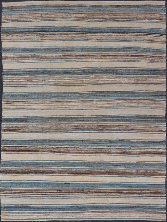 Versatile Striped Design and Natural Brown, Cream, and Blue Flat - Weave Kilim Versatile and natural blue, cream and brown flat - weave Kilim for a Modern or classic design. Flat - weave Kilim rug with brown tones. Keivan Woven Arts / rug AFG - 133, co... - Keivan Woven ArtsAFG - 133 - 15819Rug