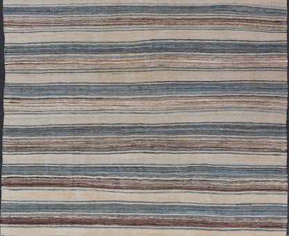 Versatile Striped Design and Natural Brown, Cream, and Blue Flat - Weave Kilim Versatile and natural blue, cream and brown flat - weave Kilim for a Modern or classic design. Flat - weave Kilim rug with brown tones. Keivan Woven Arts / rug AFG - 133, co... - Keivan Woven ArtsAFG - 133 - 15819Rug