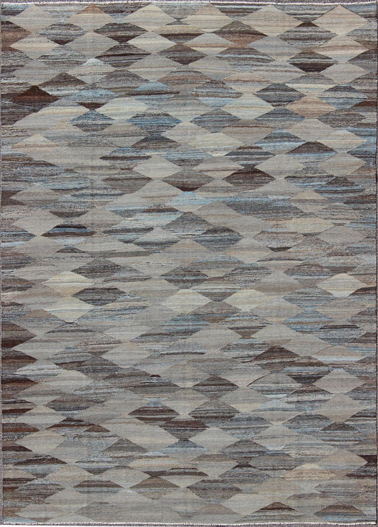 Blue and Brown Diamond Afghan Modern Kilim Geometric Design Modern and casual flat - woven Kilim rug. Neutrals, charcoal, gray, blue and brown diamond Afghan Modern Kilim Geometric design. Keivan Woven Arts / Rug AFG - 13481, country of origin / typ... - Keivan Woven ArtsAFG - 13481 - 9563Rug