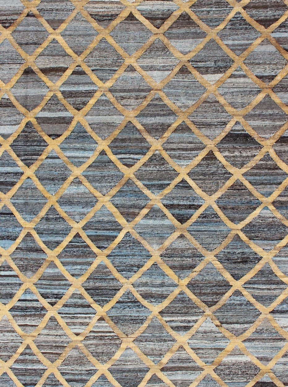 Keivan Woven Arts Flat - Weave Kilim in Diamond Gold Design With Blue and Charcoal. Keivan Woven Arts/ rug AFG - 13486, country of origin / type: Afghanistan / Kilim Measures: 6'4 x 8'10 This colored piece features a design that evokes an easy vibe,... - Keivan Woven ArtsAFG - 13486 - 10438Rug