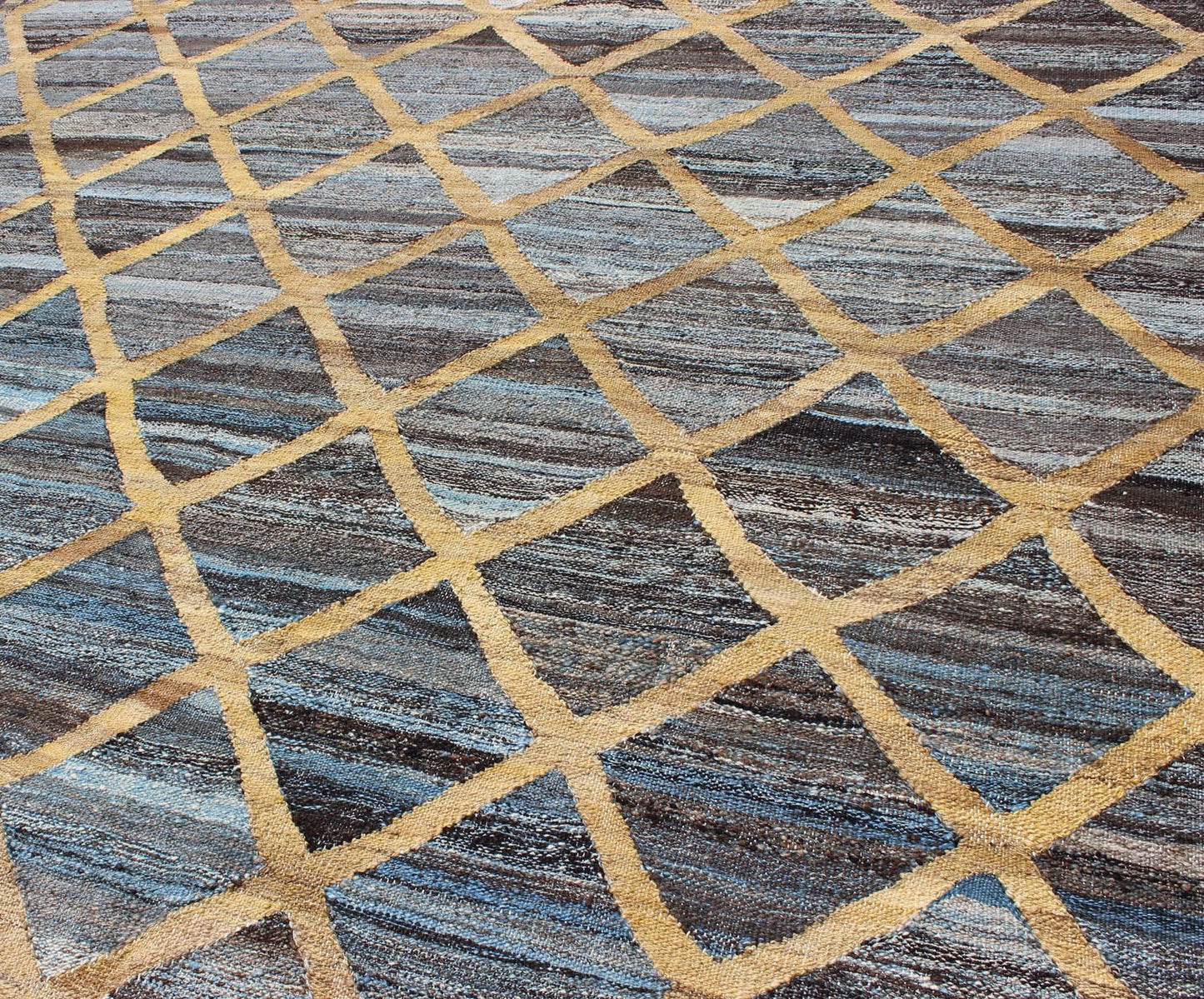 Keivan Woven Arts Flat - Weave Kilim in Diamond Gold Design With Blue and Charcoal. Keivan Woven Arts/ rug AFG - 13486, country of origin / type: Afghanistan / Kilim Measures: 6'4 x 8'10 This colored piece features a design that evokes an easy vibe,... - Keivan Woven ArtsAFG - 13486 - 10438Rug