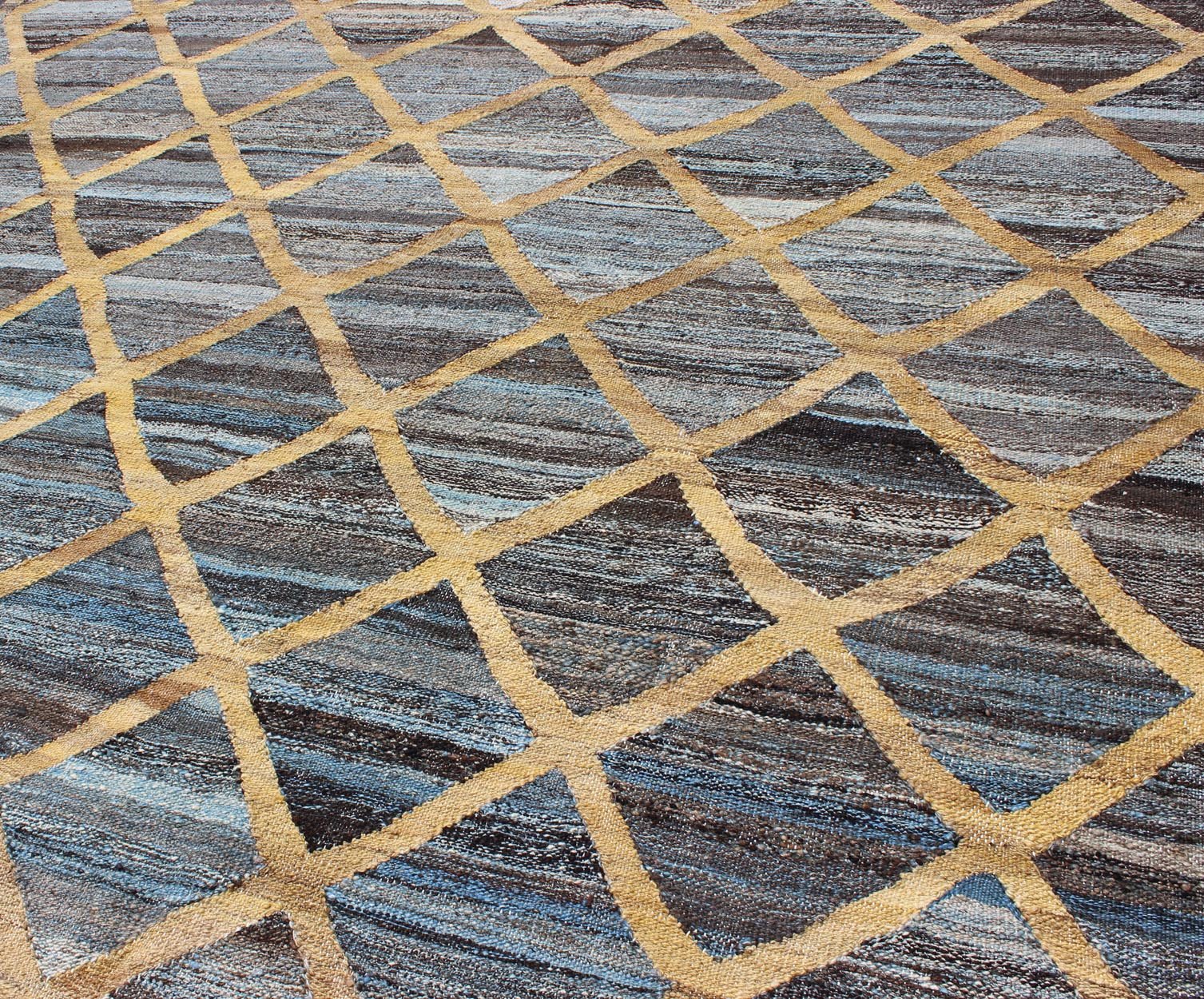 Keivan Woven Arts Flat - Weave Kilim in Diamond Gold Design With Blue and Charcoal. Keivan Woven Arts/ rug AFG - 13486, country of origin / type: Afghanistan / Kilim Measures: 6'4 x 8'10 This colored piece features a design that evokes an easy vibe,... - Keivan Woven ArtsAFG - 13486 - 10438Rug