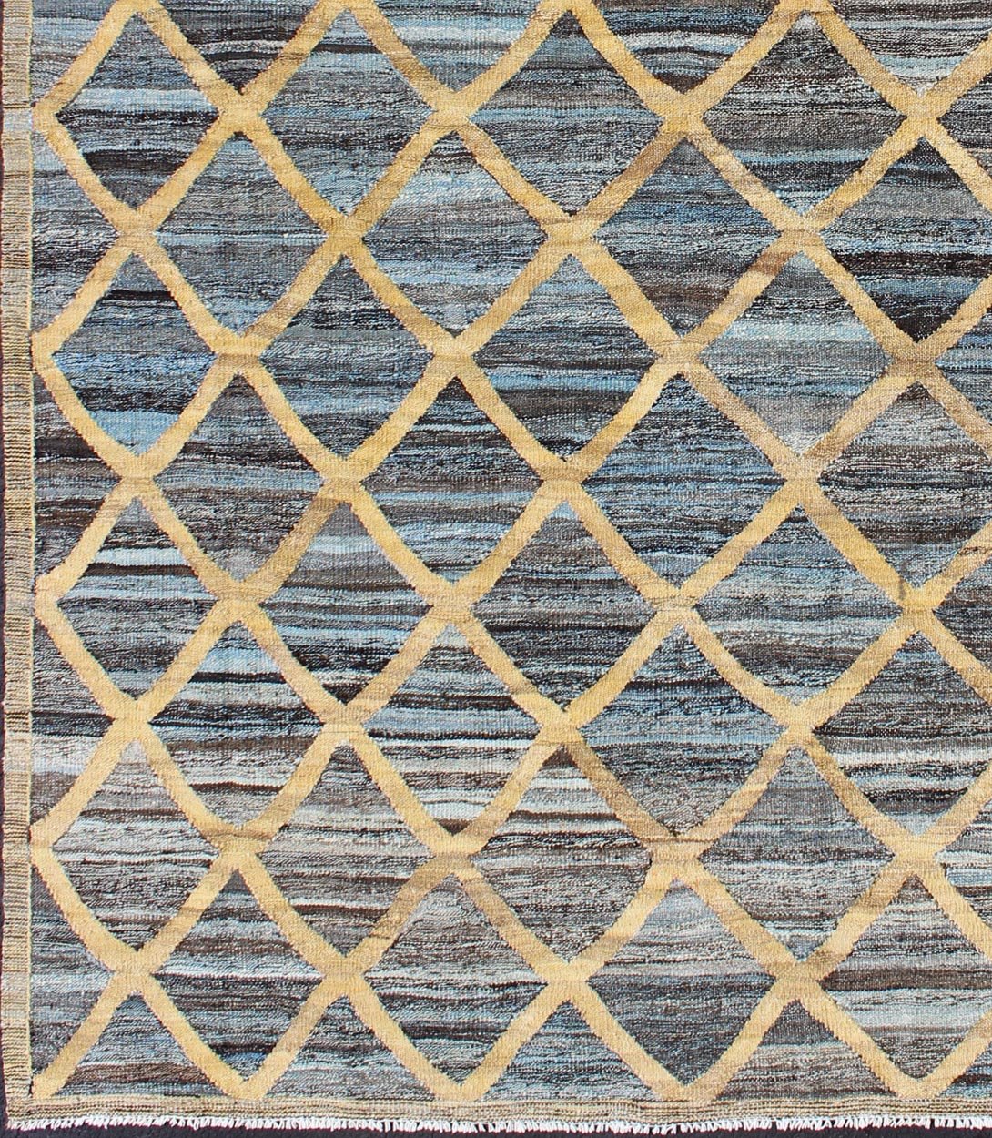 Keivan Woven Arts Flat - Weave Kilim in Diamond Gold Design With Blue and Charcoal. Keivan Woven Arts/ rug AFG - 13486, country of origin / type: Afghanistan / Kilim Measures: 6'4 x 8'10 This colored piece features a design that evokes an easy vibe,... - Keivan Woven ArtsAFG - 13486 - 10438Rug