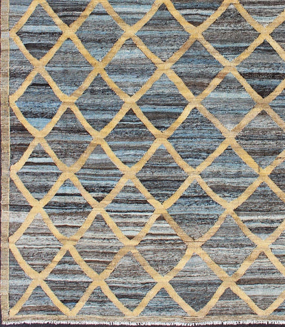 Keivan Woven Arts Flat - Weave Kilim in Diamond Gold Design With Blue and Charcoal. Keivan Woven Arts/ rug AFG - 13486, country of origin / type: Afghanistan / Kilim Measures: 6'4 x 8'10 This colored piece features a design that evokes an easy vibe,... - Keivan Woven ArtsAFG - 13486 - 10438Rug