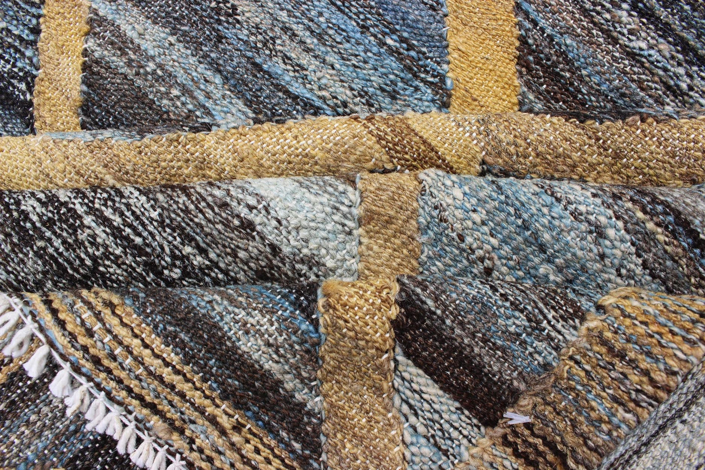 Keivan Woven Arts Flat - Weave Kilim in Diamond Gold Design With Blue and Charcoal. Keivan Woven Arts/ rug AFG - 13486, country of origin / type: Afghanistan / Kilim Measures: 6'4 x 8'10 This colored piece features a design that evokes an easy vibe,... - Keivan Woven ArtsAFG - 13486 - 10438Rug