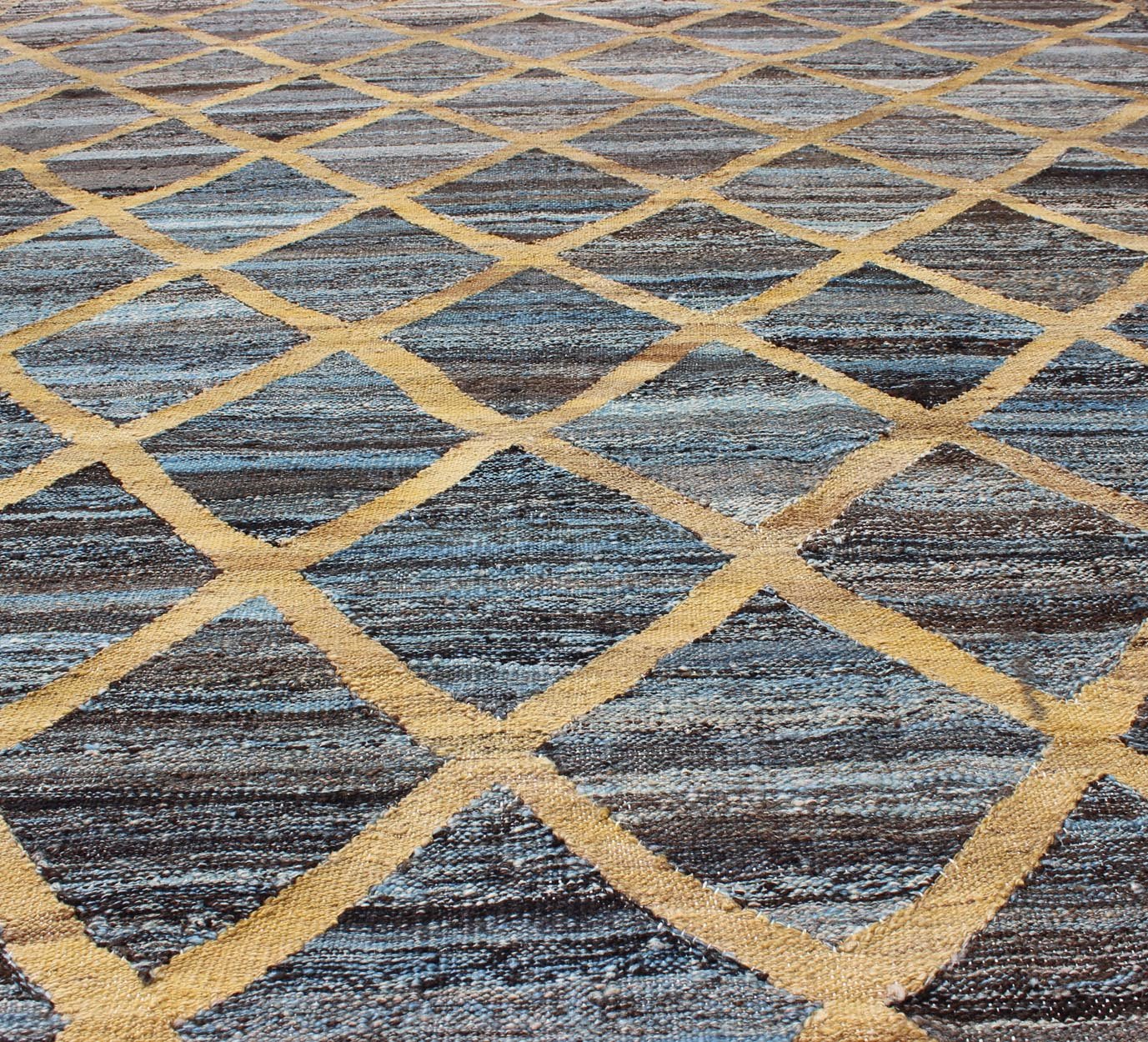 Keivan Woven Arts Flat - Weave Kilim in Diamond Gold Design With Blue and Charcoal. Keivan Woven Arts/ rug AFG - 13486, country of origin / type: Afghanistan / Kilim Measures: 6'4 x 8'10 This colored piece features a design that evokes an easy vibe,... - Keivan Woven ArtsAFG - 13486 - 10438Rug