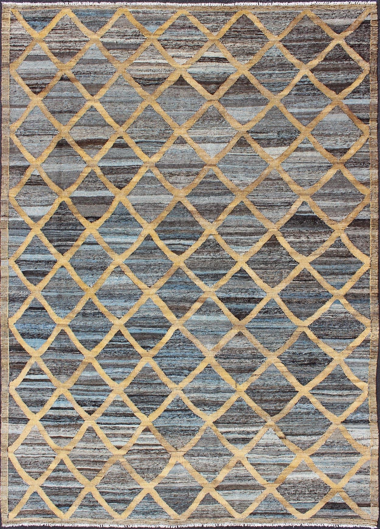 Keivan Woven Arts Flat - Weave Kilim in Diamond Gold Design With Blue and Charcoal. Keivan Woven Arts/ rug AFG - 13486, country of origin / type: Afghanistan / Kilim Measures: 6'4 x 8'10 This colored piece features a design that evokes an easy vibe,... - Keivan Woven ArtsAFG - 13486 - 10438Rug