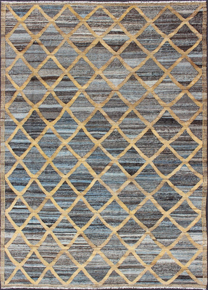 Keivan Woven Arts Flat - Weave Kilim in Diamond Gold Design With Blue and Charcoal. Keivan Woven Arts/ rug AFG - 13486, country of origin / type: Afghanistan / Kilim Measures: 6'4 x 8'10 This colored piece features a design that evokes an easy vibe,... - Keivan Woven ArtsAFG - 13486 - 10438Rug