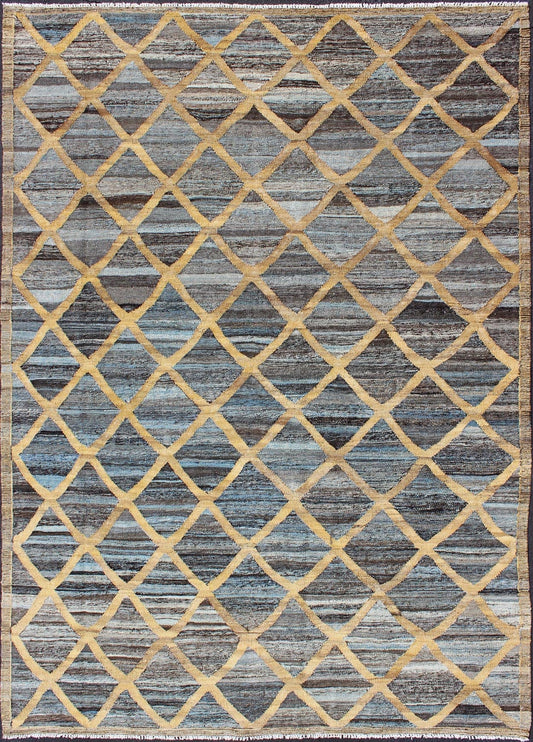 Keivan Woven Arts Flat - Weave Kilim in Diamond Gold Design With Blue and Charcoal. Keivan Woven Arts/ rug AFG - 13486, country of origin / type: Afghanistan / Kilim Measures: 6'4 x 8'10 This colored piece features a design that evokes an easy vibe,... - Keivan Woven ArtsAFG - 13486 - 10438Rug