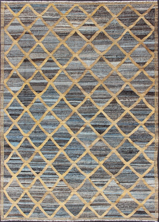 Keivan Woven Arts Flat - Weave Kilim in Diamond Gold Design With Blue and Charcoal. Keivan Woven Arts/ rug AFG - 13486, country of origin / type: Afghanistan / Kilim Measures: 6'4 x 8'10 This colored piece features a design that evokes an easy vibe,... - Keivan Woven ArtsAFG - 13486 - 10438