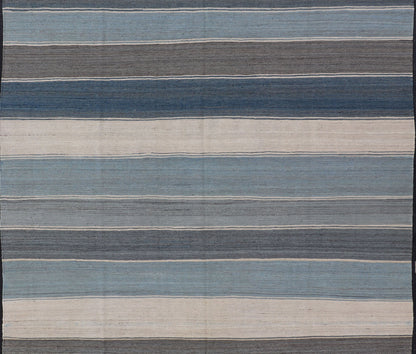 Modern Kilim Rug with Stripes. Modern Kilim Rug in Shades of steel Blue, Teal, Brown, Light Gray and Cream. Modern Kilim, Modern Kilim in cool colors Flat - weave Kilim rug with stripes with modern design in shades of blue, gray, brown and cream, ... - Keivan Woven ArtsAFG - 156 - 15837Rug