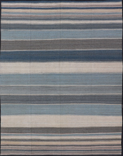 Modern Kilim Rug with Stripes. Modern Kilim Rug in Shades of steel Blue, Teal, Brown, Light Gray and Cream. Modern Kilim, Modern Kilim in cool colors Flat - weave Kilim rug with stripes with modern design in shades of blue, gray, brown and cream, ... - Keivan Woven ArtsAFG - 156 - 15837Rug