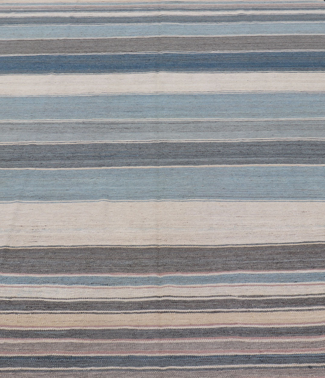 Modern Kilim Rug with Stripes. Modern Kilim Rug in Shades of steel Blue, Teal, Brown, Light Gray and Cream. Modern Kilim, Modern Kilim in cool colors Flat - weave Kilim rug with stripes with modern design in shades of blue, gray, brown and cream, ... - Keivan Woven ArtsAFG - 156 - 15837Rug