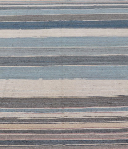Modern Kilim Rug with Stripes. Modern Kilim Rug in Shades of steel Blue, Teal, Brown, Light Gray and Cream. Modern Kilim, Modern Kilim in cool colors Flat - weave Kilim rug with stripes with modern design in shades of blue, gray, brown and cream, ... - Keivan Woven ArtsAFG - 156 - 15837Rug