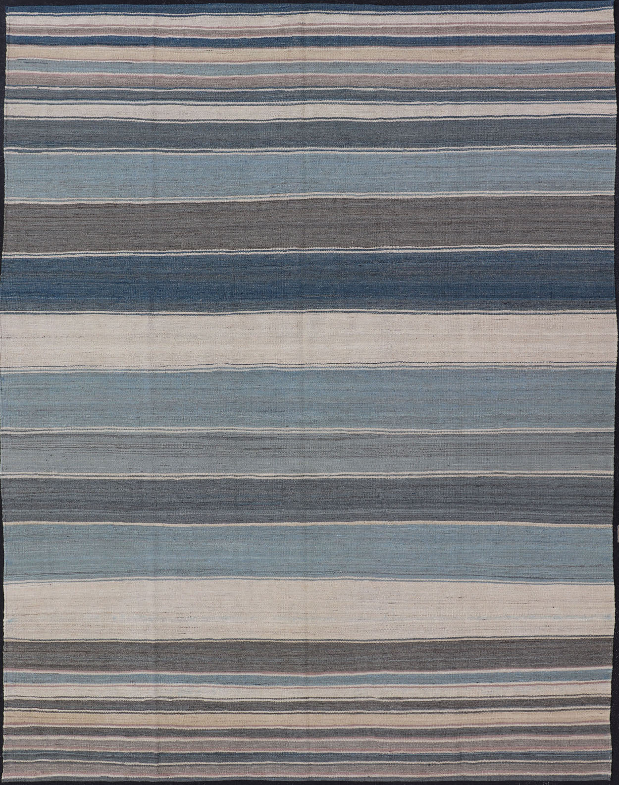 Modern Kilim Rug with Stripes. Modern Kilim Rug in Shades of steel Blue, Teal, Brown, Light Gray and Cream. Modern Kilim, Modern Kilim in cool colors Flat - weave Kilim rug with stripes with modern design in shades of blue, gray, brown and cream, ... - Keivan Woven ArtsAFG - 156 - 15837