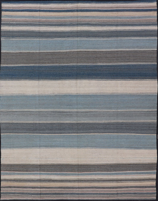 Modern Kilim Rug with Stripes. Modern Kilim Rug in Shades of steel Blue, Teal, Brown, Light Gray and Cream. Modern Kilim, Modern Kilim in cool colors Flat - weave Kilim rug with stripes with modern design in shades of blue, gray, brown and cream, ... - Keivan Woven ArtsAFG - 156 - 15837