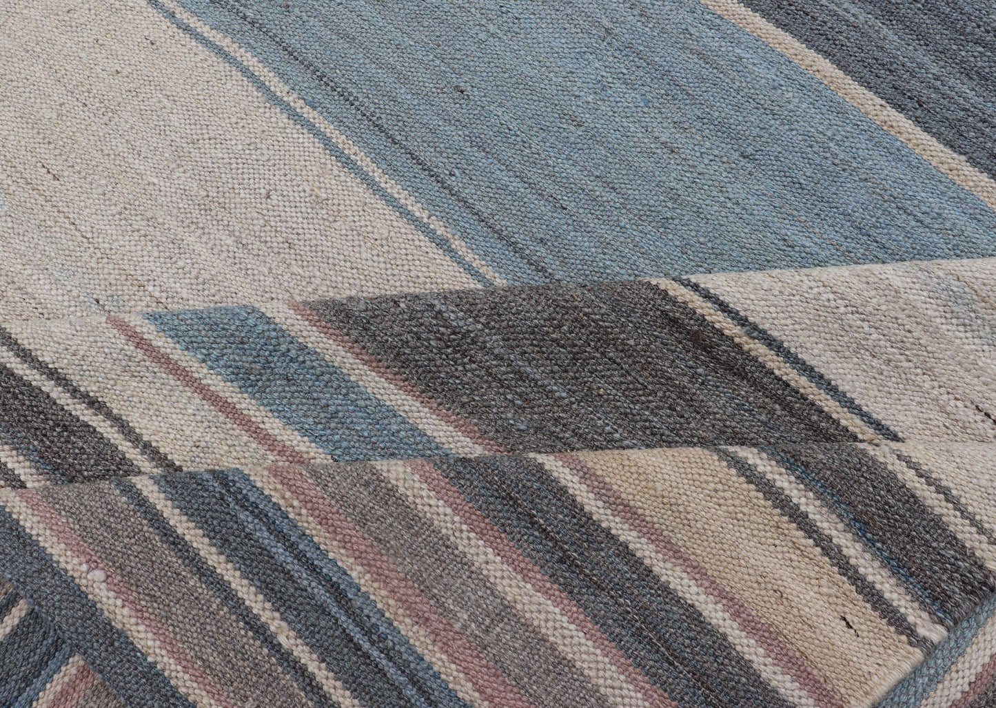 Modern Kilim Rug with Stripes. Modern Kilim Rug in Shades of steel Blue, Teal, Brown, Light Gray and Cream. Modern Kilim, Modern Kilim in cool colors Flat - weave Kilim rug with stripes with modern design in shades of blue, gray, brown and cream, ... - Keivan Woven ArtsAFG - 156 - 15837Rug
