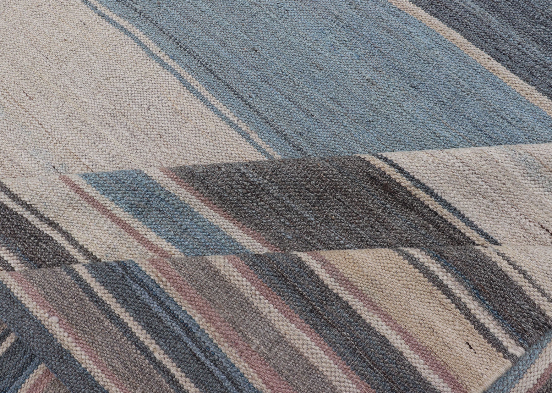 Modern Kilim Rug with Stripes. Modern Kilim Rug in Shades of steel Blue, Teal, Brown, Light Gray and Cream. Modern Kilim, Modern Kilim in cool colors Flat - weave Kilim rug with stripes with modern design in shades of blue, gray, brown and cream, ... - Keivan Woven ArtsAFG - 156 - 15837Rug