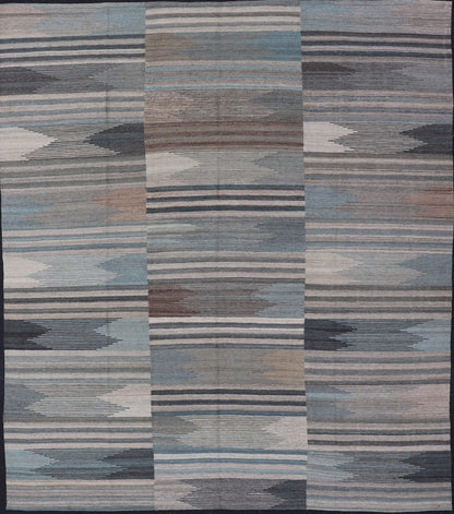 Modern Afghanistan Kilim with Blue, Brown, Gray and Cream blue, gray, brown checkered Kilim Modern rug with Kilim, Keivan Woven Arts / rug AFG - 203, country of origin / type: Afghanistan / Kilim, condition: new This brand new rug features ... - Keivan Woven ArtsAFG - 203 - 15841Rug