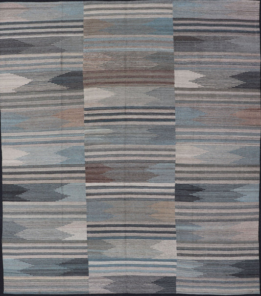 Modern Afghanistan Kilim with Blue, Brown, Gray and Cream blue, gray, brown checkered Kilim Modern rug with Kilim, Keivan Woven Arts / rug AFG - 203, country of origin / type: Afghanistan / Kilim, condition: new This brand new rug features ... - Keivan Woven ArtsAFG - 203 - 15841Rug