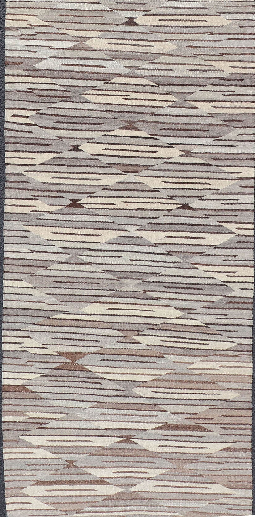 Long Fine Kilim runner in Charcoal, Gray and Brown in Modern Geometric Design. Neutrals, Charcoal, Gray and Brown Diamond Modern Geometric Design Long Kilim Runner. Long Modern flat - woven Kilim runner in Neutrals, charcoal, gray, and brown layered d... - Keivan Woven ArtsAFG - 24654 - 13944Rug