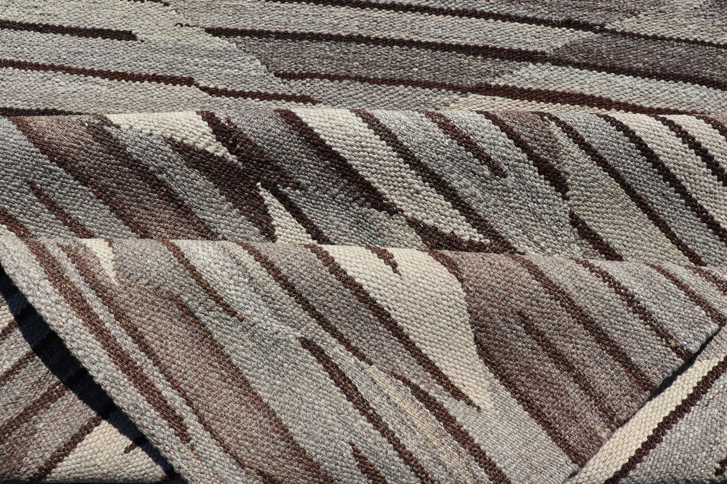 Long Fine Kilim runner in Charcoal, Gray and Brown in Modern Geometric Design. Neutrals, Charcoal, Gray and Brown Diamond Modern Geometric Design Long Kilim Runner. Long Modern flat - woven Kilim runner in Neutrals, charcoal, gray, and brown layered d... - Keivan Woven ArtsAFG - 24654 - 13944Rug