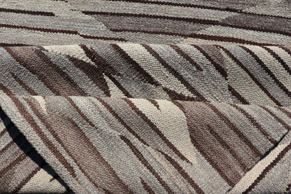 Long Fine Kilim runner in Charcoal, Gray and Brown in Modern Geometric Design. Neutrals, Charcoal, Gray and Brown Diamond Modern Geometric Design Long Kilim Runner. Long Modern flat - woven Kilim runner in Neutrals, charcoal, gray, and brown layered d... - Keivan Woven ArtsAFG - 24654 - 13944Rug