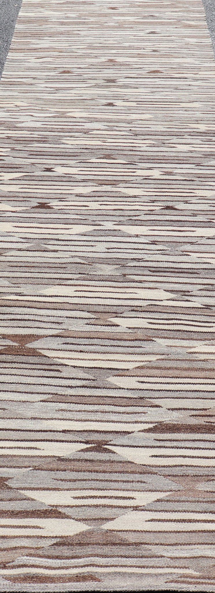 Long Fine Kilim runner in Charcoal, Gray and Brown in Modern Geometric Design. Neutrals, Charcoal, Gray and Brown Diamond Modern Geometric Design Long Kilim Runner. Long Modern flat - woven Kilim runner in Neutrals, charcoal, gray, and brown layered d... - Keivan Woven ArtsAFG - 24654 - 13944Rug